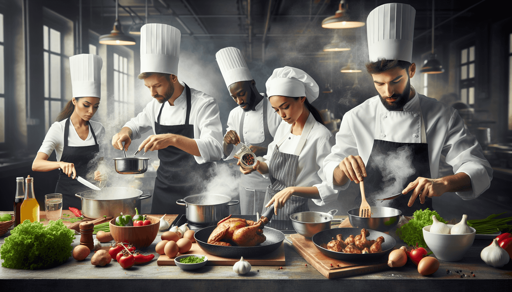 Cooking team preparing chicken dishes in a restaurant kitchen
